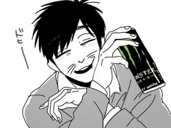 Rule 34 | 1boy, black hair, blush, can, closed eyes, drink can, energy drink, facial mark, hand on own cheek, hand on own face, holding, holding can, jewelry, kusuriganigakattandayone, male focus, man born in the year of the rat (osomatsu-kun), messy hair, monster energy, osomatsu-kun, osomatsu (series), ring, smile, soda can, spot color, wedding ring, whisker markings