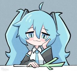 Rule 34 | :3, ahoge, aqua eyes, aqua hair, aqua necktie, aqua trim, artist name, black sleeves, blue background, blush stickers, chibi, collared shirt, detached sleeves, food, hair between eyes, hand on own cheek, hand on own face, hatsune miku, highres, holding, holding food, holding spring onion, holding vegetable, inerururu, jitome, long hair, looking at viewer, necktie, shirt, signature, simple background, smug, solo, spring onion, table, twintails, upper body, vegetable, vocaloid, white shirt