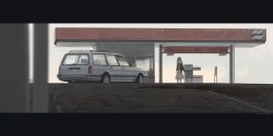 Rule 34 | 1girl, astg, brown eyes, brown hair, car, day, gas pump, gas station, hairband, highres, letterboxed, license plate, long hair, motor vehicle, original, outdoors, rover, rover montego, solo