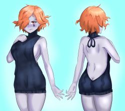Rule 34 | 1girl, absurdres, angry, ass, back, backless outfit, blush, breasts, butt crack, colored skin, embarrassed, female focus, fire emblem, fire emblem: three houses, grey skin, highres, kronya (fire emblem), large breasts, looking at viewer, meme attire, multiple views, nintendo, orange eyes, orange hair, pale skin, short hair, sideboob, skirt, solo, standing, sweater, teardrop tattoo, virgin killer sweater, white skirt, y shaped butt crack, zipperqr