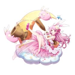 Rule 34 | 1girl, :o, animal ears, artist request, bare legs, cloud, crescent moon, dress, eversoul, food, frilled dress, frills, full body, game cg, hair ribbon, hanbok, hat, highres, jewelry, korean clothes, long hair, mochi, mochi trail, moon, mortar (bowl), non-web source, off shoulder, official alternate costume, official alternate hairstyle, official art, pink dress, pink footwear, pink hair, puffy cheeks, rabbit, rabbit ears, rabbit girl, red eyes, red ribbon, ribbon, soonie (eversoul), star (symbol), swept bangs, tachi-e, transparent background, usagi kine