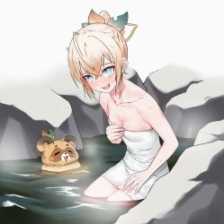 Rule 34 | 1girl, absurdres, artpatient, bare shoulders, blonde hair, blue eyes, blush, breasts, crossed bangs, hair ornament, highres, hololive, kazama iroha, leaf hair ornament, looking at another, naked towel, onsen, partially submerged, pokobee, rock, small breasts, smile, snow, solo, steam, tanuki, towel, virtual youtuber, water, wet, white background