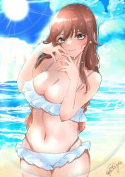 Rule 34 | 1girl, beach, bikini, blue sky, braid, breasts, brown hair, cleavage, cloud, commentary request, cowboy shot, day, frilled bikini, frills, green eyes, highres, horizon, kantai collection, large breasts, looking at viewer, noshiro (kancolle), ocean, outdoors, sky, solo, standing, swept bangs, swimsuit, twin braids, twitter username, wet, white bikini, yoino iyo