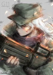 Rule 34 | 1girl, assault rifle, blood, blood on face, bullpup, caseless firearm, character name, embers, g11 (girls&#039; frontline), girls&#039; frontline, glowing, glowing eyes, green hat, gun, h&amp;k g11, hair between eyes, hat, heckler &amp; koch, holding, holding gun, holding weapon, horizontal magazine, long hair, looking to the side, orange eyes, personification, prototype design, rifle, signature, sketch, solo, upper body, weapon, white hair, wind, yoruhasu gekkei