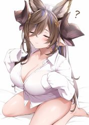 Rule 34 | 1girl, ?, animal ears, bare legs, bed sheet, blue hair, blush, breasts, brown hair, cleavage, collarbone, collared shirt, closed eyes, galleon (granblue fantasy), granblue fantasy, hair between eyes, highres, horns, iwao (pixiv258710), large breasts, long hair, long sleeves, multicolored hair, partially unbuttoned, pointy ears, shirt, sitting, sleeves rolled up, solo, streaked hair, wariza, white shirt