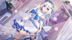Rule 34 | 1girl, :o, arusu maria, bare shoulders, blue eyes, blue hat, breasts, cat, date a live, date a live: spirit pledge, dress, dutch angle, hat, indoors, long hair, looking at viewer, medium breasts, official alternate costume, official art, solo, white dress, white hair