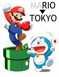 Rule 34 | &gt; &lt;, 2016 summer olympics, 2boys, :d, arm up, bad id, bad pixiv id, ball, bell, blue eyes, brazilian flag, brown hair, clenched hand, collar, crossover, doraemon, doraemon (character), closed eyes, facial hair, flag, gloves, hat, japanese flag, jingle bell, male focus, mario, mario (series), multiple boys, mustache, nintendo, olympics, open mouth, outstretched arm, overalls, pouch, riko (sorube), shoes, simple background, smile, warp pipe, white background, white gloves