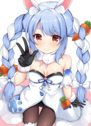 Rule 34 | 1girl, animal ear fluff, animal ears, arm support, black gloves, black leotard, blue hair, blush, bow, braid, brown eyes, brown pantyhose, carrot hair ornament, closed mouth, commentary request, don-chan (usada pekora), dress, food-themed hair ornament, fur-trimmed dress, fur-trimmed gloves, fur trim, gloves, hair bow, hair ornament, hand up, hololive, leotard, long hair, maccha, multicolored hair, pantyhose, rabbit ears, short eyebrows, sitting, smile, solo, strapless, strapless dress, strapless leotard, thick eyebrows, twin braids, twintails, two-tone hair, usada pekora, usada pekora (1st costume), v, very long hair, virtual youtuber, white bow, white dress, white hair