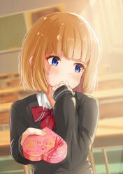 Rule 34 | 1girl, absurdres, black jacket, blonde hair, blue eyes, blush, bow, box, classroom, embarrassed, gift, heart-shaped box, highres, holding, holding gift, illustrator thunderbird, indoors, jacket, long sleeves, original, red bow, school uniform, short hair, sleeves past wrists, solo