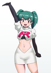 Rule 34 | 1girl, :d, arm up, black gloves, blush, breasts, brown eyes, commentary request, cosplay, creatures (company), cropped jacket, duplica (pokemon), elbow gloves, game freak, gloves, green hair, jacket, jessie (pokemon), jessie (pokemon) (cosplay), logo, makino harumaki, midriff, navel, nintendo, open mouth, pokemon, pokemon (anime), pokemon (classic anime), simple background, skirt, smile, solo, team rocket, team rocket uniform, tongue, twintails, white background, white jacket, white skirt
