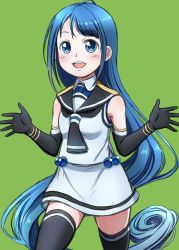 Rule 34 | 1girl, black gloves, black neckerchief, black sailor collar, black thighhighs, blue eyes, blue hair, blush, breasts, collared shirt, elbow gloves, gloves, gradient hair, green background, hair between eyes, highres, jougenmushi, kantai collection, long hair, looking at viewer, multicolored hair, neckerchief, open mouth, sailor collar, samidare (kancolle), school uniform, serafuku, shirt, simple background, skirt, sleeveless, sleeveless shirt, small breasts, smile, solo, swept bangs, thighhighs, very long hair, white serafuku, white shirt, white skirt, zettai ryouiki