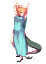 Rule 34 | 1girl, absurdres, antlers, armpits, arms up, blonde hair, blue dress, dragon girl, dragon horns, dragon tail, dress, highres, horns, kicchou yachie, looking at viewer, red eyes, same tiii, short hair, tail, touhou, turtle shell, yellow horns