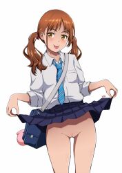 Rule 34 | 1girl, artist name, bag, baggy clothes, blue necktie, blue skirt, blush, breast pocket, breasts, brown hair, cleft of venus, closed mouth, collared shirt, dress shirt, ear piercing, earrings, female focus, female pubic hair, flashing, gluteal fold, hair tie, highres, jewelry, lifting own clothes, looking at viewer, low twintails, necktie, no panties, orange eyes, original, piercing, pleated skirt, pocket, pubic hair, pubic stubble, pussy, school bag, school uniform, shadow, shirt, shoulder bag, simple background, skirt, sleeves rolled up, small breasts, solo, standing, tokai, tongue, tongue out, twintails, white background, white shirt