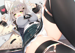 Rule 34 | 1girl, :d, black thighhighs, blue nails, blush, breasts, brown jacket, cameltoe, commentary request, facial hair, fingernails, green eyes, green skirt, grey hair, hair between eyes, hands up, haruna (kancolle), heart, jacket, kantai collection, knee up, large breasts, long sleeves, lying, mamuru, nail polish, on back, open clothes, open jacket, open mouth, original, panties, pleated skirt, shirt, short eyebrows, skirt, smile, solo, spoken heart, thick eyebrows, thighhighs, underwear, white panties, white shirt