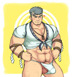 Rule 34 | 1boy, abs, bad id, bad pixiv id, bara, beard, between pectorals, bulge, chest hair, covered erect nipples, cowboy shot, erection, erection under clothes, facial hair, fuhan (fuhan130), fundoshi, hachimaki, halo, halo behind head, happi, headband, heart, highres, japanese clothes, jewelry, large pectorals, leg hair, male focus, male pubic hair, mature male, midriff, muscular, muscular male, navel, navel hair, necklace, nipples, pectoral cleavage, pectorals, penis, penis peek, pubic hair, rope, short hair, sideburns, smile, solo, stomach, stubble, thick eyebrows, thick thighs, thighs, tokyo houkago summoners, water deity (housamo)