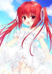 Rule 34 | 1girl, artist request, blush, cloud, dress, garter straps, highres, hiragana iroiro, leg up, long hair, mary janes, open mouth, original, outdoors, panties, red eyes, red hair, ribbon, shoes, sky, smile, solo, standing, standing on one leg, thighhighs, thighs, twintails, underwear, white dress, white footwear, white panties, white thighhighs, wind, wind lift