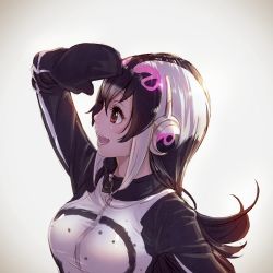 Rule 34 | 10s, 1girl, african penguin (kemono friends), black hair, commentary request, from side, gradient background, grey background, headphones, highres, kemono friends, long hair, long sleeves, multicolored hair, pink hair, profile, salute, solo, streaked hair, takami masahiro, white hair