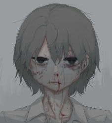 Rule 34 | 1boy, absurdres, avogado6, black eyes, blood, bruise, bruise on face, bruised eye, closed mouth, collared shirt, commentary request, empty eyes, grey background, grey hair, hair between eyes, highres, injury, jitome, looking at viewer, male focus, mole, mole on cheek, nosebleed, original, portrait, shirt, short hair, solo, tears, white shirt, wing collar