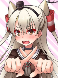 Rule 34 | 1girl, amatsukaze (kancolle), brown dress, choker, commentary request, crossed fingers, dress, gloves, grey neckerchief, hair tubes, hat, highres, kantai collection, kazami ren (fuushagoya), long hair, looking at viewer, mini hat, neckerchief, one-hour drawing challenge, open mouth, sailor dress, silver hair, single glove, smokestack hair ornament, solo, striped, striped background, twitter username, two side up, x fingers
