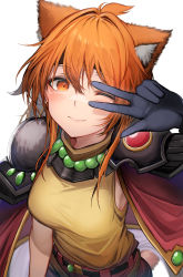 Rule 34 | 1girl, ;), absurdres, animal ears, black gloves, cape, closed mouth, commission, fang, gloves, highres, lina inverse, long hair, looking at viewer, one eye closed, orange eyes, orange hair, red cape, shirt, simple background, skeb commission, skin fang, slayers, smile, solo, tab head, w, white background, yellow shirt