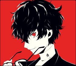 Rule 34 | 10s, 1boy, amamiya ren, bad id, bad pixiv id, black hair, glasses, kawasemi sumika, looking at viewer, male focus, persona, persona 5, red background, red eyes, short hair, smile, solo