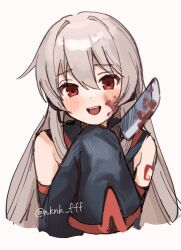 Rule 34 | 1girl, blood, blood on face, bloody weapon, blush, cropped torso, detached sleeves, headphones, headset, highres, holding, holding knife, knife, long hair, looking at viewer, open mouth, sleeves past fingers, sleeves past wrists, smile, solo, sukone tei, tananuki, utau, weapon, white hair