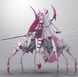 Rule 34 | 1girl, absurdres, arthropod girl, breasts, choker, cleavage, clothing cutout, collarbone, dress, extra legs, full body, gloves, high heels, highres, hood, horns, insect girl, long hair, mecha musume, mechanical legs, navel, navel cutout, oota youjo, original, pink eyes, purple hair, small breasts, solo, spider girl, thigh strap
