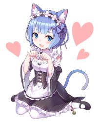 Rule 34 | 1girl, :d, animal ears, bell, black dress, black footwear, blue eyes, blue hair, blush, breasts, cat ears, cat tail, cleavage, commentary request, detached sleeves, dress, flower knot, frills, full body, hair ornament, hair ribbon, heart, highres, kemonomimi mode, looking at viewer, maid, maid headdress, mary janes, open mouth, paw pose, re:zero kara hajimeru isekai seikatsu, rem (re:zero), ribbon, roswaal mansion maid uniform, s (hdru2332), seiza, shoes, short hair, simple background, sitting, smile, solo, tail, teeth, upper teeth only, white background, white legwear, x hair ornament