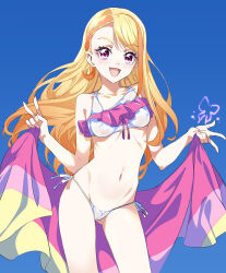 Rule 34 | 1girl, absurdres, bikini, blonde hair, blush, braid, braided bangs, breasts, cameltoe, covered clitoris, covered nipples, cure butterfly, double v, erect clitoris, highres, hijiri ageha, hirogaru sky! precure, impossible clothes, long hair, looking at viewer, micro bikini, navel, niko (tama), open mouth, precure, purple eyes, shiny clothes, side-tie bikini bottom, skin tight, smile, solo, swimsuit, v