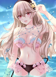 Rule 34 | 1girl, bikini, black hairband, blue sky, blush, breasts, cleavage, collarbone, commentary request, corrin (female) (fire emblem), corrin (fire emblem), fire emblem, fire emblem cipher, fire emblem fates, gluteal fold, grey hair, hair between eyes, hairband, highres, kirishima riona, long hair, looking at viewer, medium breasts, navel, nintendo, official alternate costume, open mouth, outdoors, partially submerged, pointy ears, red eyes, shell, shell bikini, sky, smile, solo, stomach, swimsuit, water