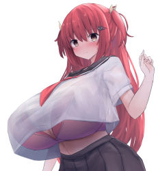 Rule 34 | 1girl, black sailor collar, black skirt, blush, bra, breasts, brown eyes, cleavage, copyright request, from below, gigantic breasts, hair ornament, hairclip, hand up, highres, huge breasts, long hair, midriff, neckerchief, pink bra, pleated skirt, red hair, red neckerchief, sailor collar, school uniform, see-through, see-through shirt, serafuku, shirt overhang, simple background, skirt, solo, underwear, upper body, white background, yuuki shuri