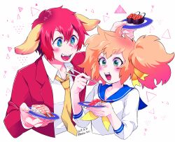 Rule 34 | 1boy, 1girl, animal ears, blue eyes, blush, bright pupils, character request, cropped torso, dated, den1208, dog ears, eyelashes, fang, food, hair between eyes, holding, holding plate, kaiten muten-maru sushi pet, neckerchief, necktie, open mouth, plate, red hair, roe, sailor collar, shirt, sushi, twitter username, white background, white pupils, white shirt, yellow neckerchief, yellow necktie