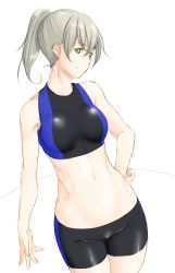 Rule 34 | 1girl, bad id, bad twitter id, bike shorts, blonde hair, breasts, crop top, green eyes, hand on own hip, highres, looking at viewer, midriff, niwatazumi, original, ponytail, simple background, smile, solo