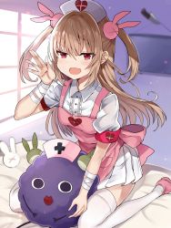 Rule 34 | 1girl, :d, apron, bandages, blurry, blush, depth of field, hair ornament, hand up, hat, highres, indoors, light brown hair, long hair, looking at viewer, natori sana, nurse cap, on bed, open mouth, pink apron, pink footwear, pink hat, rabbit hair ornament, red eyes, retsuto, sana channel, short sleeves, smile, solo, thighhighs, two side up, virtual youtuber, white thighhighs, window