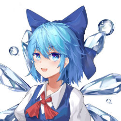 Rule 34 | 1girl, blue bow, blue dress, blue eyes, blue hair, bow, bubble, cirno, collar, dress, eyes visible through hair, fairy, hair between eyes, highres, ice, ice wings, looking at viewer, mouma, open mouth, puffy short sleeves, puffy sleeves, red bow, red neckwear, shirt, short hair, short sleeves, simple background, smile, solo, touhou, upper body, white background, white collar, white shirt, white sleeves, wings