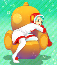 Rule 34 | 1girl, aida yoneka, antennae, blue hair, blush, blush stickers, couch, dress, hat, helmet, hood, long sleeves, looking at viewer, milk-chan, on chair, on couch, open mouth, oversized clothes, short hair, skirt, solo, super milk-chan