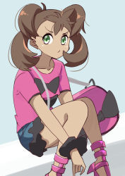 Rule 34 | 1girl, 34 (sanjushi), brown hair, closed mouth, creatures (company), dark-skinned female, dark skin, game freak, green eyes, highres, long hair, looking at viewer, nintendo, one-hour drawing challenge, pokemon, pokemon xy, pout, quad tails, shauna (pokemon), shorts, solo, twintails