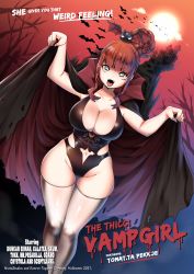 Rule 34 | 1girl, bat (animal), blue eyes, bow, breasts, cape, castle, cleavage, clothing cutout, curvy, fangs, hair bow, highres, kenron toqueen, large breasts, leotard, movie poster, navel, navel cutout, open mouth, original, ponytail, red hair, sidelocks, solo, thick thighs, thigh gap, thighhighs, thighs, tomatita, vampire, vampire costume, white thighhighs, wide hips