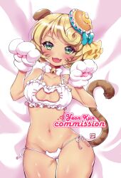 Rule 34 | 1girl, animal ears, animal hands, bell, blonde hair, blush, bra, cat ears, cat girl, cat tail, cleavage cutout, clothing cutout, dark-skinned female, dark skin, facial mark, gloves, green eyes, highres, looking at viewer, looking up, maotti (show by rock!!), marin704, neck bell, panties, paw gloves, short hair, show by rock!!, solo, tail, underwear, white bra, white panties
