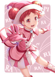 Rule 34 | 1girl, backlighting, double bun, earrings, gloves, hair bun, harukaze doremi, hat, heart, highres, jewelry, looking at viewer, ojamajo doremi, open mouth, outstretched arms, pleated skirt, red eyes, red hair, skirt, smile, solo, witch hat, yuuri nayuta