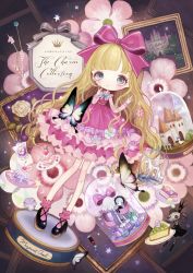 Rule 34 | 1girl, black footwear, blonde hair, blunt bangs, bow, bug, butterfly, dress, flower, food, frilled dress, frilled socks, frills, full body, grey eyes, hair bow, hands up, insect, long hair, long sleeves, looking at viewer, original, pink flower, plate, purple bow, purple dress, purple flower, purple socks, shirosaki london, shoes, socks, solo, standing, very long hair, white flower
