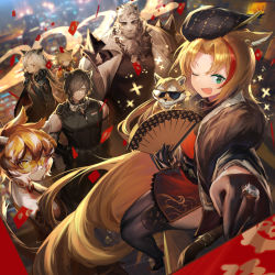 Rule 34 | 2boys, 4girls, ;d, animal, animal ears, arknights, bare shoulders, black gloves, black hair, black jacket, black legwear, black shirt, black vest, blonde hair, blouse, blush, broca (arknights), brown hair, chinese zodiac, city, coat, dog tags, dress, du yaoye (arknights), fang, fur shawl, furry, furry female, furry male, gloves, goggles, goggles around neck, green eyes, grey shirt, hair over one eye, hand fan, hand on own hip, highres, holding, holding fan, indra (arknights), jacket, jell (jell y fish), jewelry, long hair, long sleeves, looking at viewer, mountain (arknights), multicolored hair, multiple boys, multiple girls, new year, night, official alternate costume, one eye closed, open clothes, open coat, open jacket, open mouth, outdoors, outstretched arm, parted bangs, red dress, red hair, ring, round eyewear, scar, scar on face, shawl, shirt, shoulder spikes, side slit, sitting, smile, sparkle, spikes, streaked hair, sunglasses, swire (arknights), swire (honor and splendor) (arknights), tail, tail ornament, tail ring, thighhighs, tiger, tiger boy, tiger ears, tiger tail, trait connection, two-tone hair, very long hair, vest, waai fu (arknights), white coat, white hair, year of the tiger, yellow eyes
