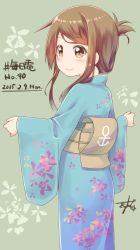 Rule 34 | 10s, 1girl, 2015, brown eyes, brown hair, dated, folded ponytail, from behind, gurande (g-size), highres, inazuma (kancolle), japanese clothes, kantai collection, kimono, long hair, solo, yukata