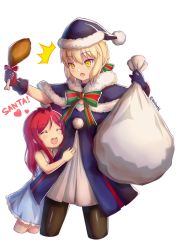 Rule 34 | 10s, 2girls, :d, ^^^, ^ ^, aged down, artoria pendragon (all), artoria pendragon (fate), black legwear, blonde hair, blue dress, blush, bow, capelet, chicken leg, child, christmas, closed eyes, cropped legs, crossover, dress, english text, fate/grand order, fate (series), food, hair between eyes, hairband, hat, heart, holding, holding food, hug, kelinch1, long hair, love live!, love live! school idol project, multiple girls, nishikino maki, open mouth, pantyhose, red bow, red hair, saber (fate), saber alter, sack, sailor dress, santa alter, santa costume, santa hat, simple background, sleeveless, sleeveless dress, smile, swept bangs, twitter username, white background, yellow eyes
