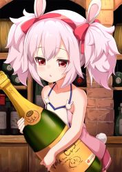 Rule 34 | 1girl, adapted costume, ame., animal ears, azur lane, bare arms, bare shoulders, blush, bottle, bow, brick wall, rabbit ears, rabbit tail, camisole, collarbone, commentary request, hair bow, hairband, highres, indoors, laffey (azur lane), looking away, hugging object, oversized object, parted lips, pink hair, pleated skirt, rabbit girl, red bow, red eyes, red hairband, red skirt, short hair, skirt, solo, tail, twintails, white camisole, wine bottle