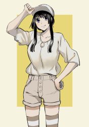 Rule 34 | 1girl, adjusting clothes, adjusting headwear, black hair, blouse, blue eyes, border, commentary request, cowboy shot, hand on own hip, hat, highres, long hair, protagonist 2 (housamo), open mouth, outside border, partial commentary, shirt, shorts, sidelocks, smile, solo, thighhighs, tokyo houkago summoners, yellow background, yellow border, yoshinaga haru