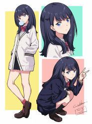 Rule 34 | 10s, 1girl, artist name, black hair, blue eyes, bow, bowtie, breasts, brown footwear, blowing bubbles, chewing gum, collared shirt, dated, full body, gridman universe, hands in pockets, highres, jacket, long hair, looking at viewer, miniskirt, multiple views, pleated skirt, school uniform, shirt, shoes, signature, skirt, small breasts, smile, socks, squatting, ssss.gridman, standing, sweater, takarada rikka, v, werkbau