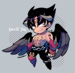 Rule 34 | 1boy, black hair, black pants, chain, chest tattoo, chibi, closed mouth, devil jin, feathered wings, flame print, full body, gloves, grey horns, horns, kazama jin, kotorai, male focus, no nose, pants, pectorals, red gloves, shoulder tattoo, smile, solo, studded gloves, tattoo, tekken, wings
