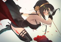 Rule 34 | 1girl, black dress, black footwear, black gloves, boots, breasts, brown hair, cleavage, dress, dual wielding, fingerless gloves, flower, gloves, grey background, hairband, high-low skirt, highres, holding, holding weapon, lamchun (2006), large breasts, long hair, red eyes, red flower, red rose, rose, short dress, short hair with long locks, sidelocks, single glove, sleeveless, sleeveless dress, solo, spy x family, thigh boots, weapon, yellow hairband, yor briar