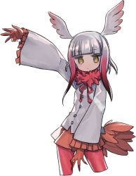 Rule 34 | 10s, 1girl, :|, arm up, bird tail, bird wings, blunt bangs, brown eyes, buttons, closed mouth, collar, cowboy shot, cropped legs, dot nose, drawstring, expressionless, eyelashes, frilled sleeves, frills, fur collar, gloves, gradient hair, head wings, japanese crested ibis (kemono friends), jitome, kemono friends, long sleeves, looking at viewer, multicolored hair, pantyhose, pleated skirt, red gloves, red hair, red pantyhose, red skirt, ritsu (roboroboro), shirt, short hair, short hair with long locks, simple background, skirt, solo, tail, two-tone hair, white background, white hair, white shirt, wide sleeves, wings